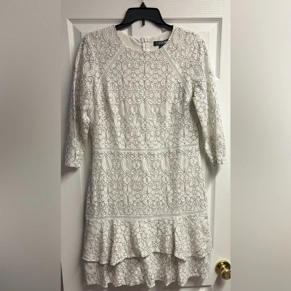 LAUREN Ralph Lauren Cotton Blend Black/ White Lace Dress Size 12 - Picture 3 of 7